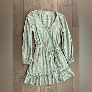 American Eagle Long Sleeve Wrap Dress Ruffle Hem Sage Green Size XS Peasant